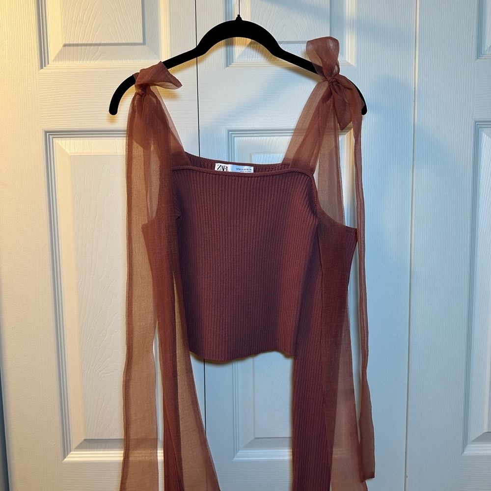 Zara Burgundy Ribbed Crop Top with Sheer Tie Straps